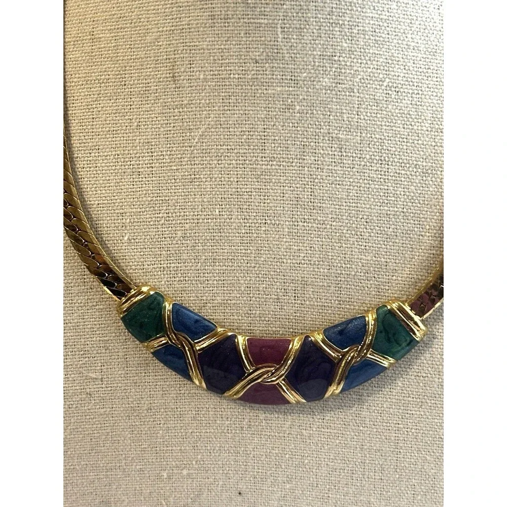 Vintage 80s Gold Tone Herringbone Necklace Colorful Enamel Statement